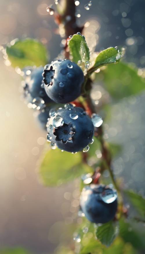 Close-up view of a blueberry with morning dew drops.