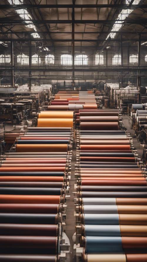 Vista aérea de uma fábrica de couro com rolos de couro colorido.