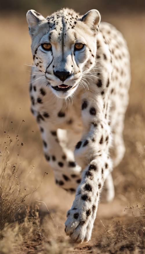 A nimble white cheetah sprinting across an open savannah under the bright noon sun Behang [8a41e5bc76f1408e8c79]