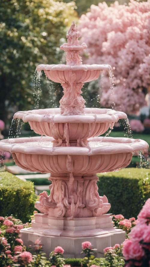 Ein Brunnen aus rosa Marmor in einem eleganten Blumengarten.