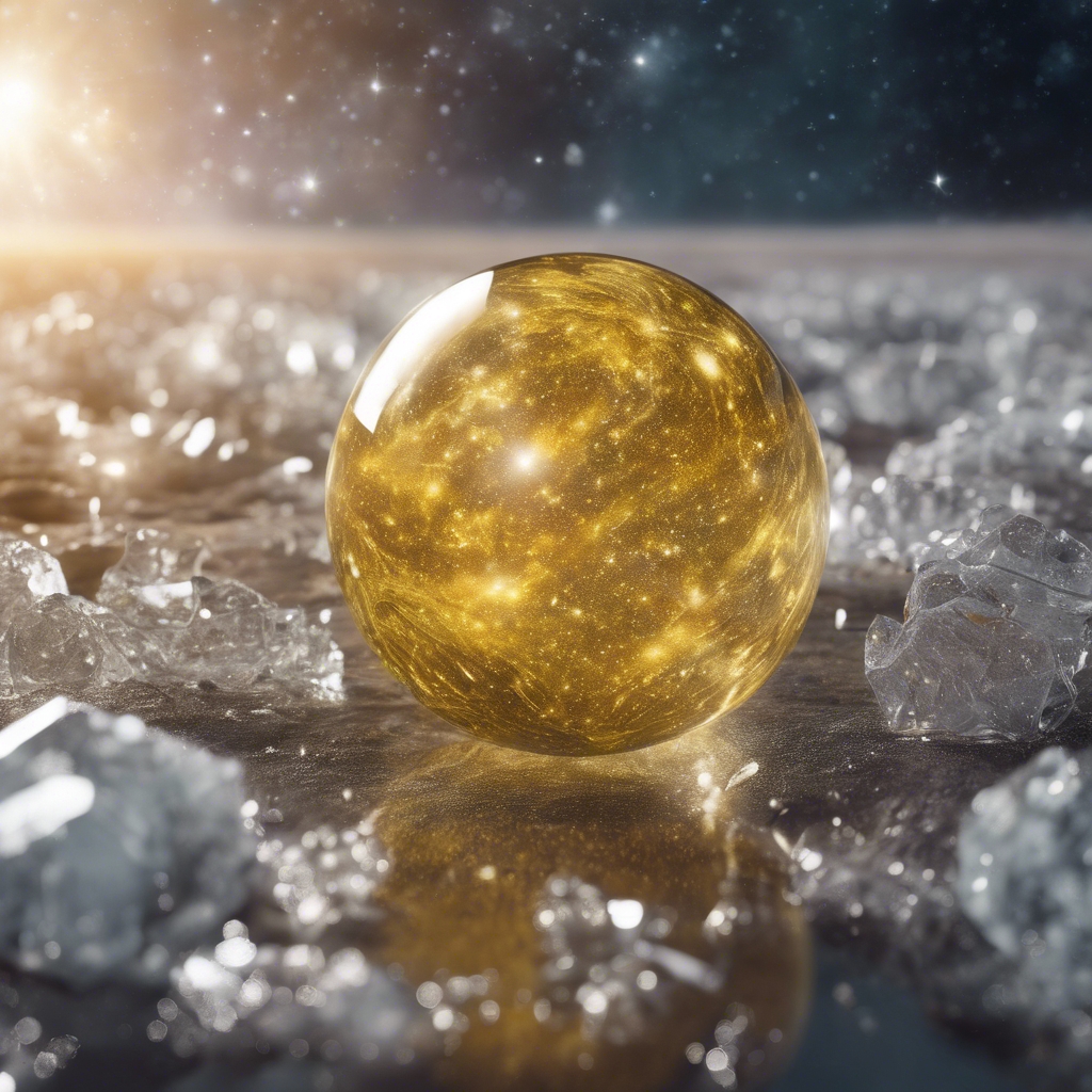 A shimmering yellow galaxy as seen from a translucent ice planet. Tapet[6c445442cdc04ec6a8e0]