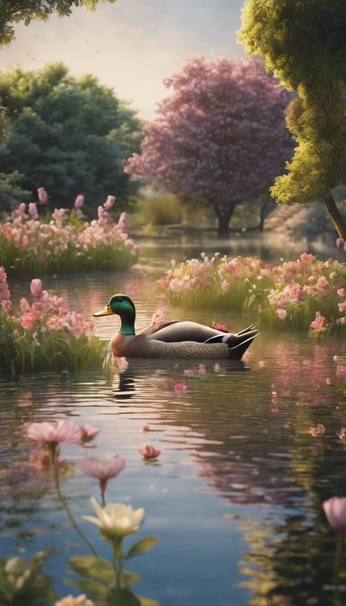 A serene evening landscape showing a family of ducks gliding gracefully on a quiet pond, surrounded by a plethora of blooming flowers.