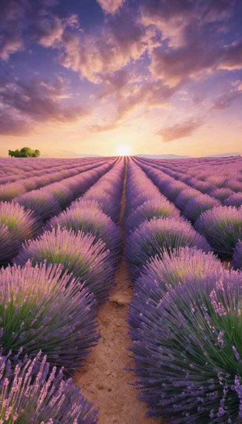 A serene, panoramic view of a lavender field under sunset. Ფონი [a0458898d0ab44b8aa07]