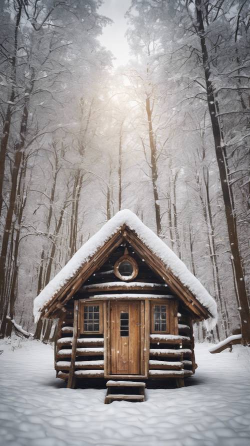 Une petite cabane en bois couverte de flocons de neige dans une forêt paisible.