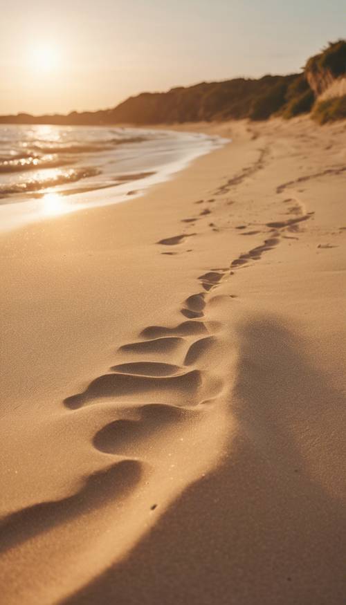 Güneş doğarken kumlu bir plaj, altın renkli güneş, yumuşak ışığıyla bej kumları nazikçe yıkıyor.