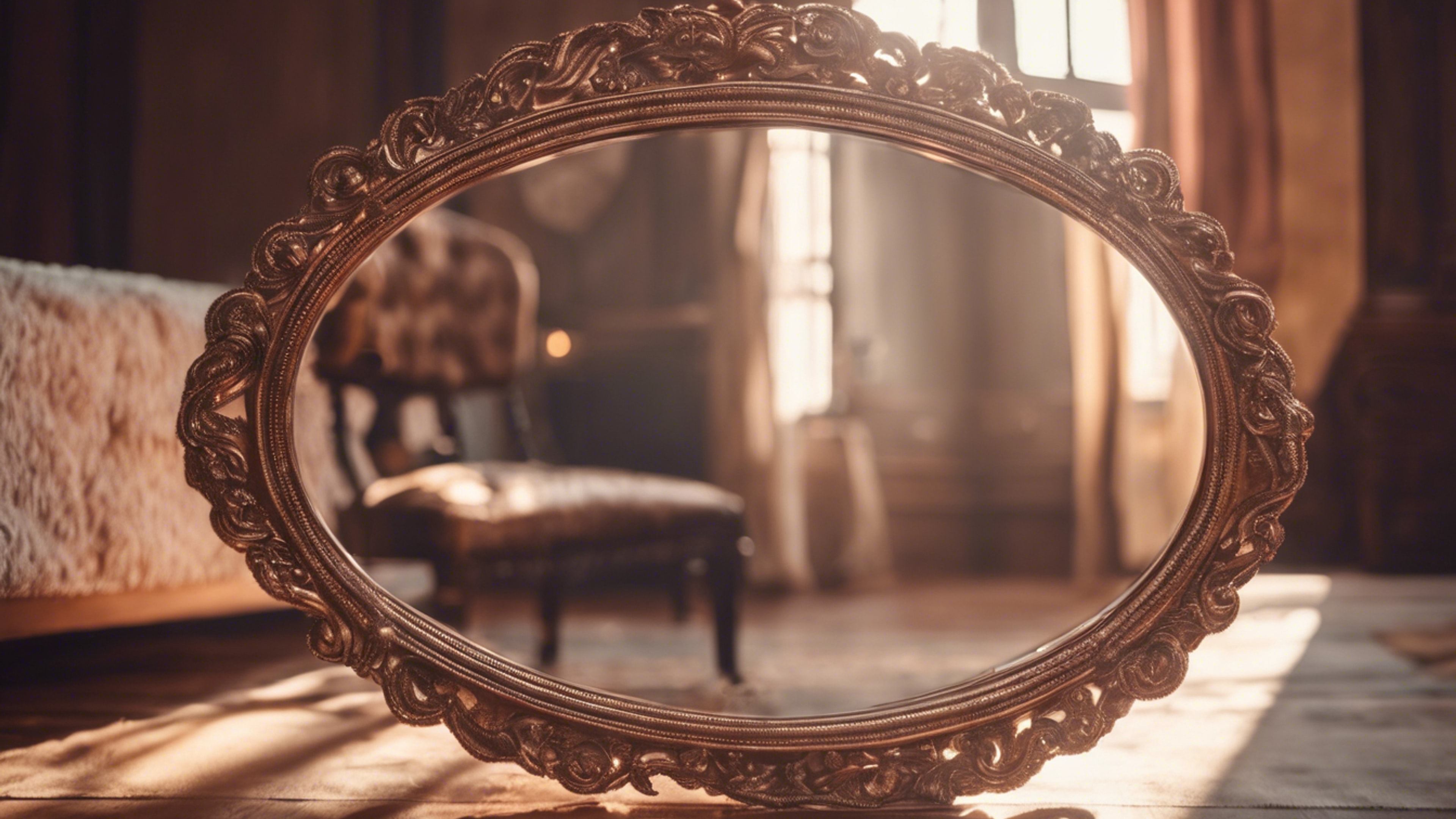 An antique rose gold mirror reflecting a sunlit, vintage-inspired room. 벽지[df758999a7b143f09983]