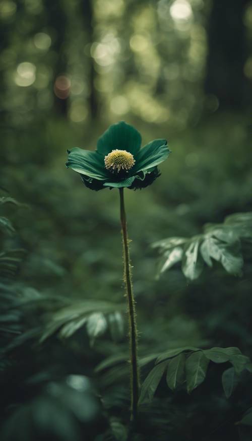Yemyeşil bir ormanda açan tek bir koyu yeşil çiçeğin yakın çekimi.