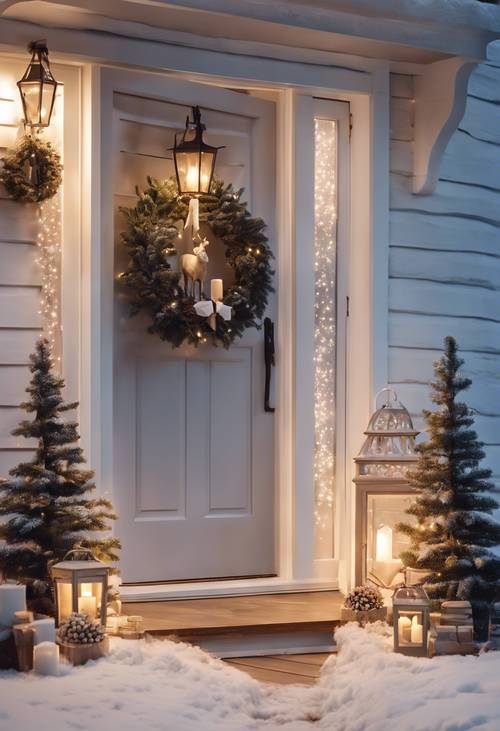 Un porche navideño blanco meticulosamente decorado con faroles rústicos, renos de madera y una corona de bienvenida, iluminado por el suave resplandor de la luz del porche.