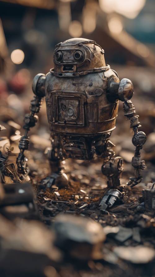 A tiny, cobbled-together junk golem rummaging through a sprawling scrapyard at dusk, its metallic body clinking with each step.