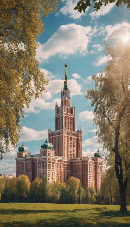 A view of the Moscow State University on a sunny day, with the blue sky and clouds serving as a breathtaking backdrop. Валлпапер [8d27bb1076e1411bb3b6]