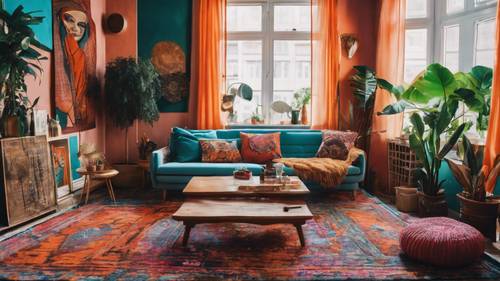 Colorful, Bohemian style apartment with abundant textures, patterned rugs, vibrant wall art, and eclectic decor.