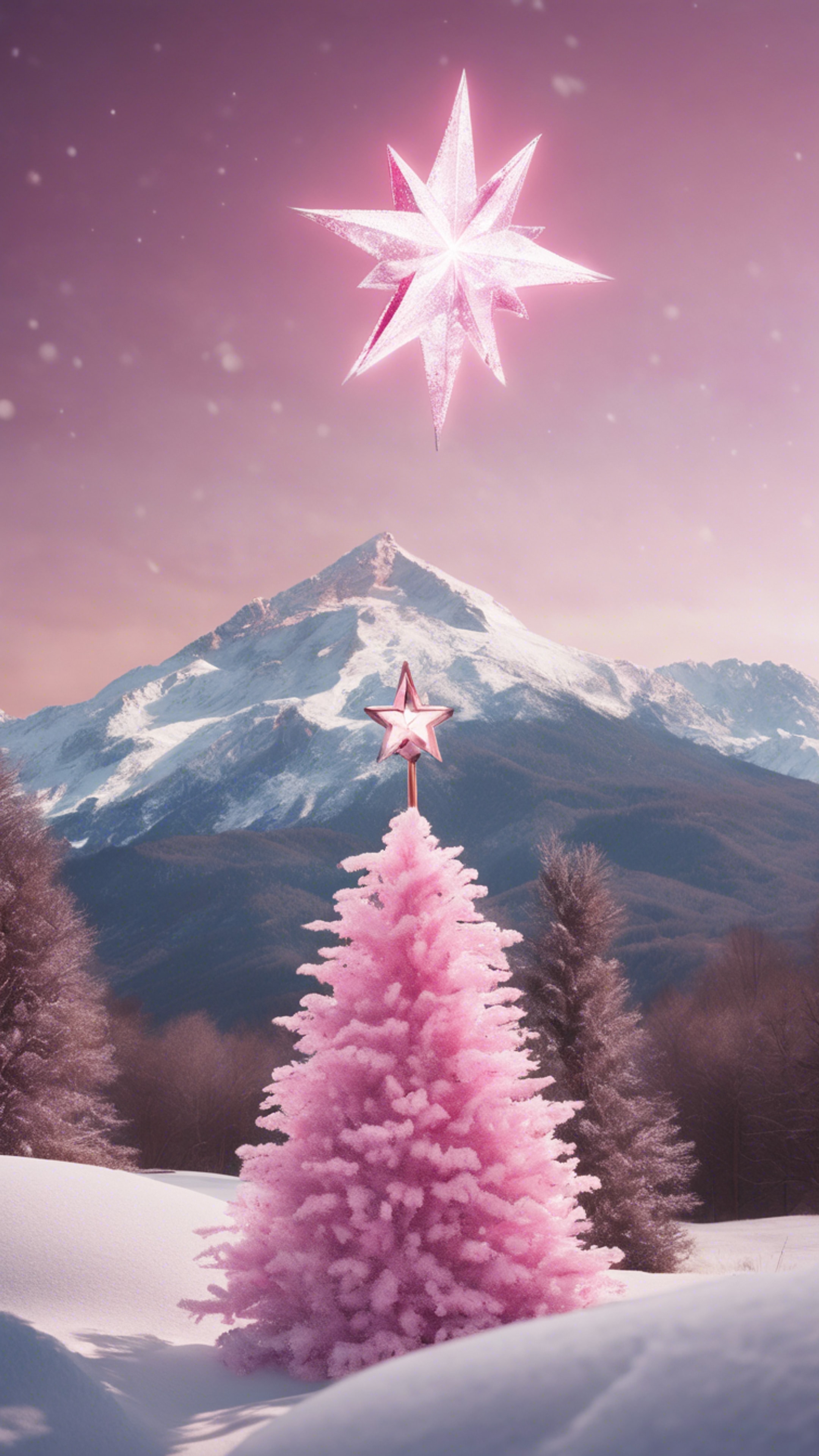 Distant view of a snow-clad mountain with a pink Christmas star shining brightly in the foreground. Fond d'écran[48430a4d610446a898be]