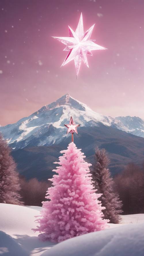 Ön planda parlak bir şekilde parlayan pembe bir Noel yıldızının olduğu, karla kaplı bir dağın uzaktan görünümü.