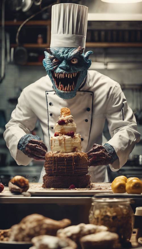 A monster chef in a bustling kitchen, carefully decorating a cake.