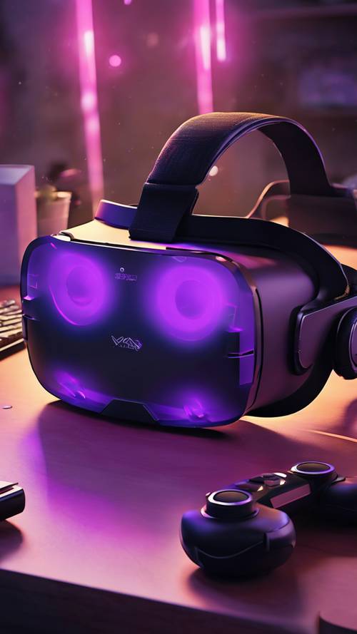 Un visore nero per realtà virtuale con luci viola brillanti su una scrivania da gioco.