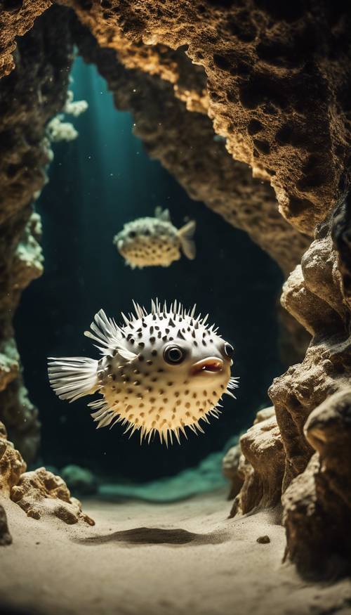 Un pesce palla solitario e misterioso che si espande contro una minaccia sottomarina in una grotta oceanica profonda e piena di ombre.