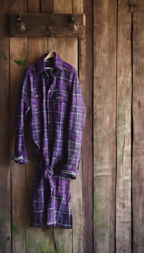 Một chiếc áo sơ mi flannel kẻ sọc tím và xanh treo trên cửa kho thóc quê