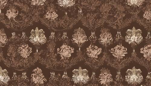 A dynamic damask pattern featuring dazzling whimsical flowers on a chocolate brown base.