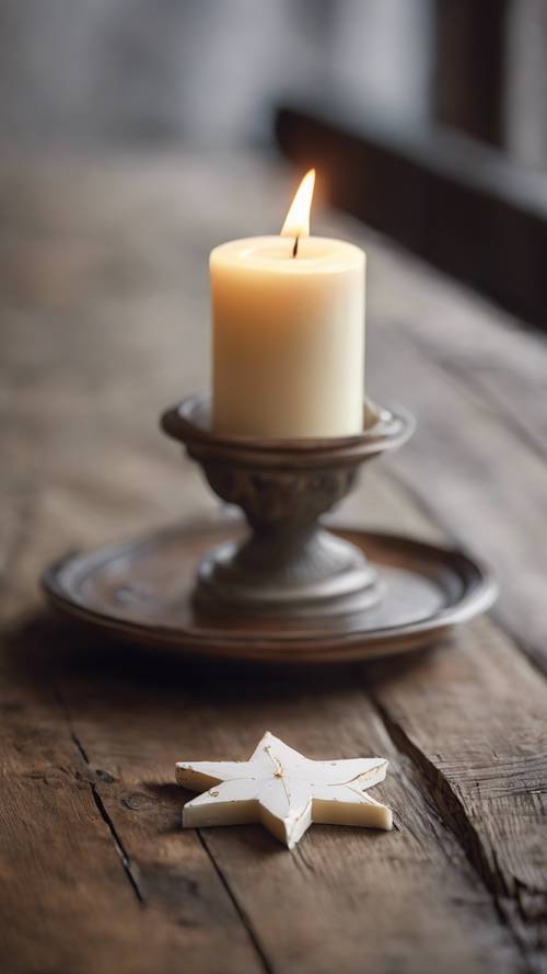Uma vela branca em forma de estrela repousava sobre uma antiga mesa de madeira.