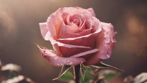 A closeup of a pink rose with a brown stem and thorns.