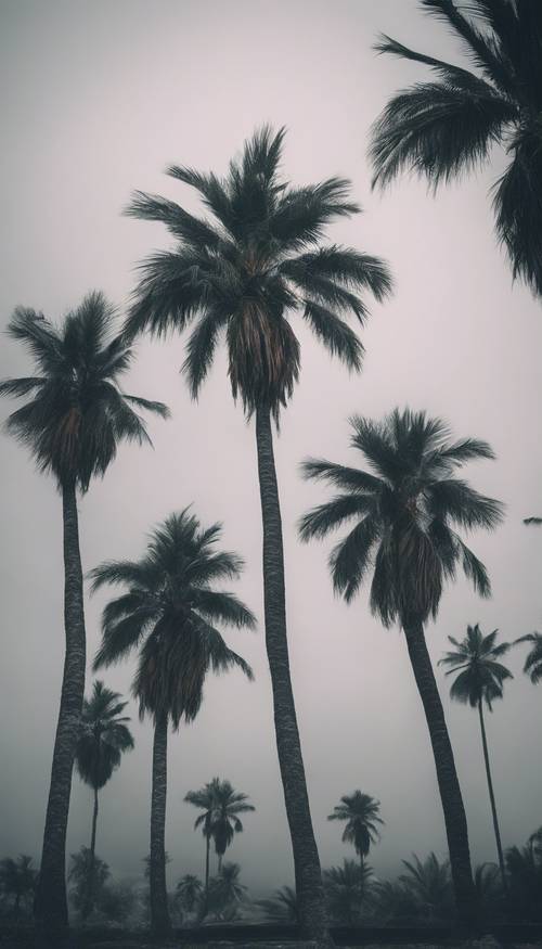 Several palm trees swaying in the rhythm of a harsh wind against the gloomy sky. Behang [61100ceb14c6428ea203]