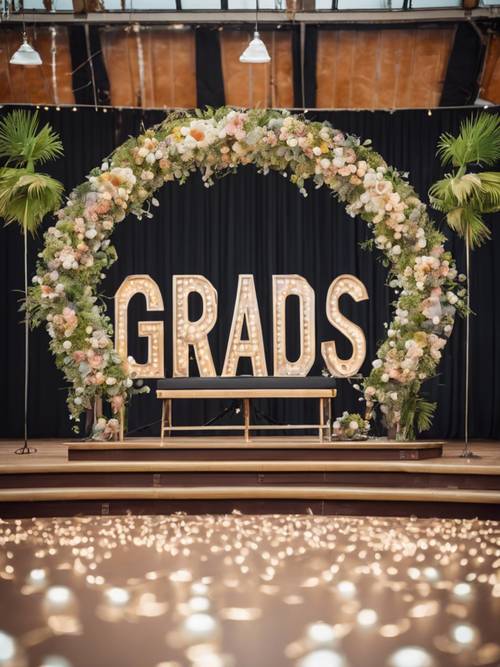 Eine dekorative Bühne mit einem großen „Herzlichen Glückwunsch, Absolventen“-Schild darauf.