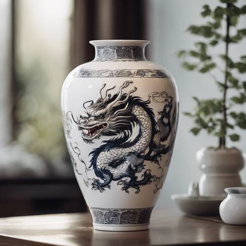 Ein wunderschön gearbeiteter chinesischer Drache, auf eine weiße Porzellanvase gemalt.