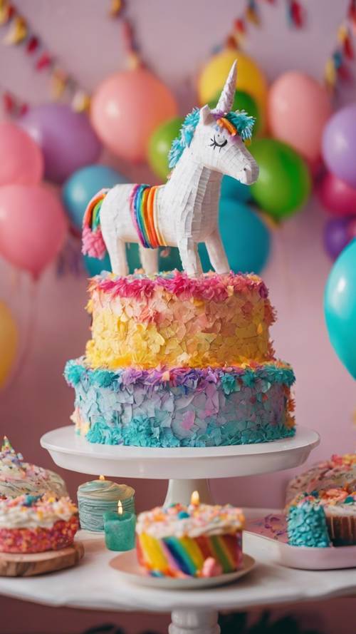 Wesoła scena przyjęcia urodzinowego z tęczową piñatą jednorożca, konfetti i pięknie udekorowanym tortem z zapalonymi świeczkami.