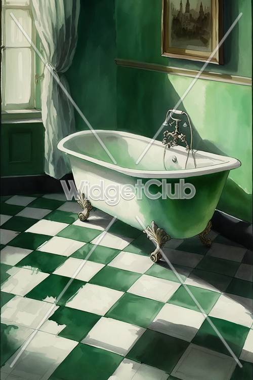 Vasca da bagno vintage verde e bianca in una stanza soleggiata