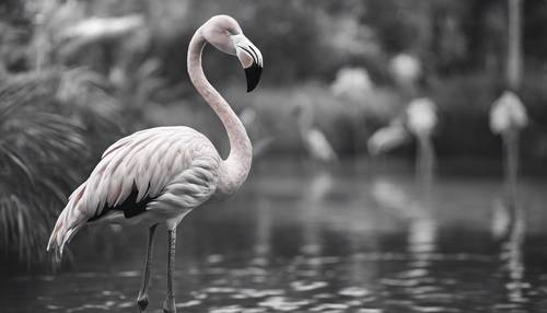 A vintage-inspired rendering of a flamingo in black and white with grainy texture. Тапет [48ee7b4c0b234f59864e]