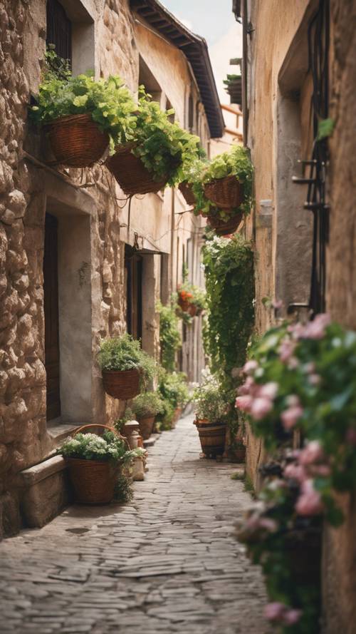 Um beco estreito de paralelepípedos em uma antiga vila italiana, com cestos de flores pendurados e videiras penduradas.