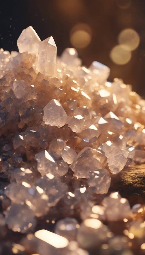 Tumpukan kristal kuarsa yang mempesona berkilauan di gua mistis di bawah cahaya keemasan lembut.