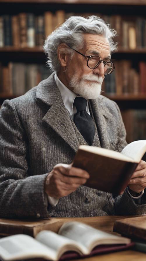 Um velho professor vestindo uma jaqueta de tweed cinza, lendo um livro em uma biblioteca de estilo clássico.
