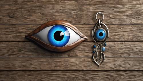 Ein traditioneller 3D-Amulett-Anhänger mit einem intensiv blauen Auge auf einer abgenutzten Holzoberfläche.