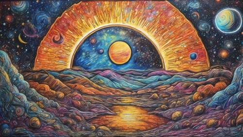 Gerçeküstü bir güneş ve ayın hakim olduğu gerçeküstü bir kozmik panoramanın canlı yağlı pastel çizimi.