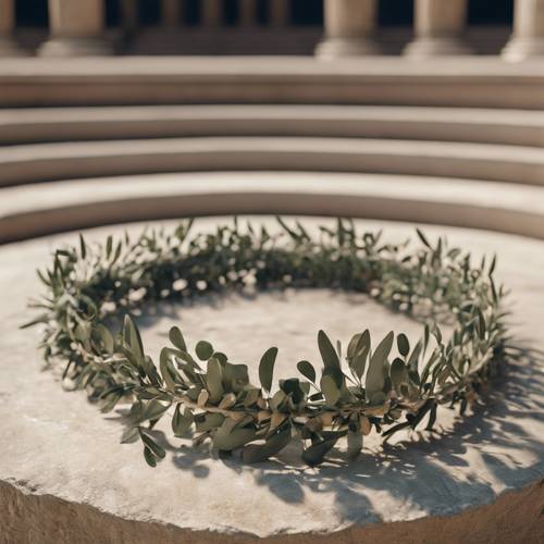 Korona spartańskiego sportowca z liści oliwnych na kamiennym podium podczas starożytnych igrzysk olimpijskich.
