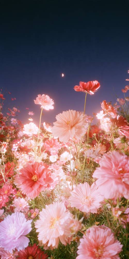 Giardino di fiori rosa illuminato dalla luna