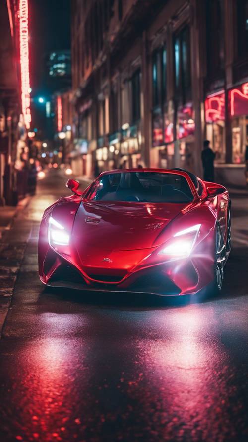 Um elegante e moderno carro esportivo vermelho neon percorrendo uma rua noturna da cidade.