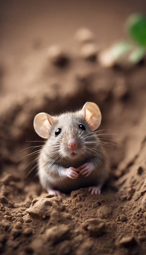Szara mysz wychyla się ze swojej nory w brązowym błocie.