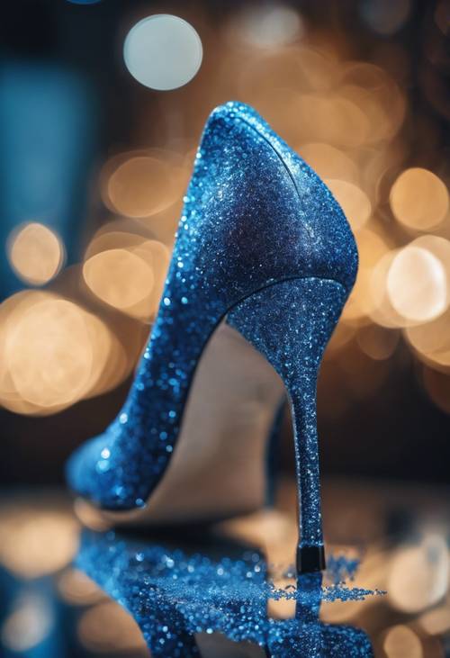 A high heel shoe completely covered with blue glitter.