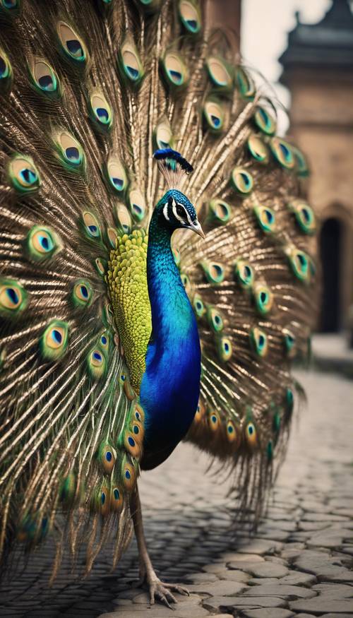 A peacock strutting proudly across a cobblestone path, its vibrant tail feathers on full display. Tapeta [079e25186207452c983e]