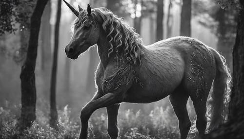 Gaya ukiran gambar hitam putih unicorn mitos dengan cahaya halus, tampak tersenyum sambil berdiri di hutan mistis saat senja.