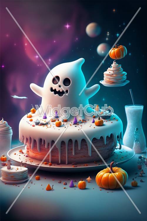 Spooky Halloween Cake Party Under Starry Sky Wallpaper[7830c8b618024156b1a4]