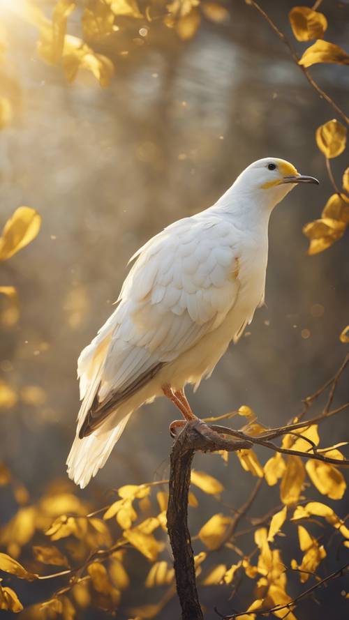 Seekor burung putih dengan bulu kuning mencolok berjemur di bawah sinar matahari pagi.
