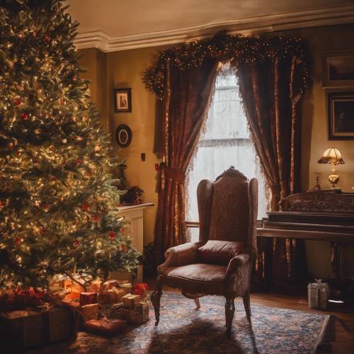 El salón de una casa victoriana iluminado con la calidez de un árbol de Navidad adornado.