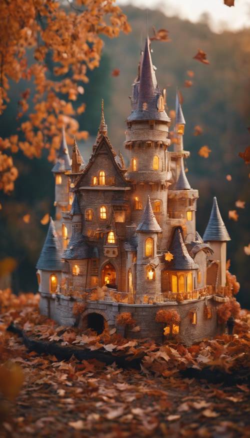 A large, charming autumn fairytale castle, its spires adorned with twinkling lanterns and leaf-shaped flags, accommodating a grand Halloween banquet. Tapeet [1d09006ed0b64d338949]