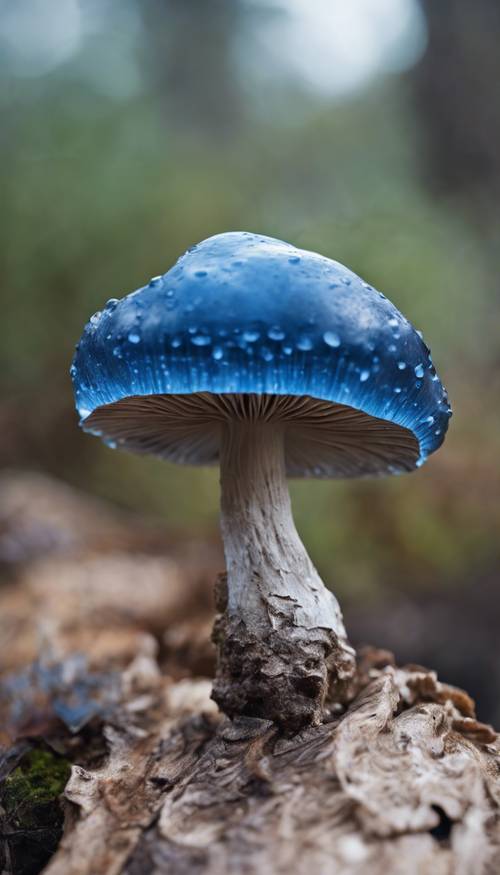 Jamur biru dengan tutup transparan, ditempatkan dengan hati-hati di atas batang kayu yang membatu.