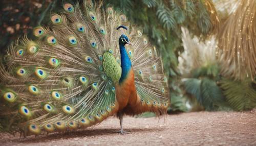 A Flamboyant peacock standing gracefully, its tail sprouting pastel-colored striped feathers.