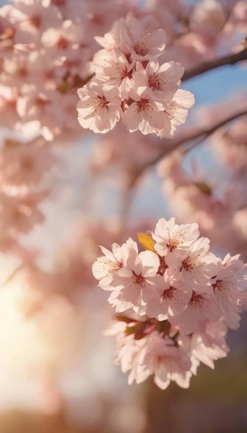 Kirschblüten in voller Blüte vor der untergehenden Sonne, ihre rosa Blüten werden von der Frühlingsbrise zerstreut.