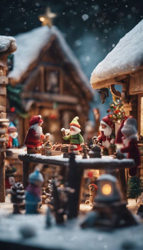 The North Pole in its full glory, with elves busy in Santa's workshop making toys for Christmas.